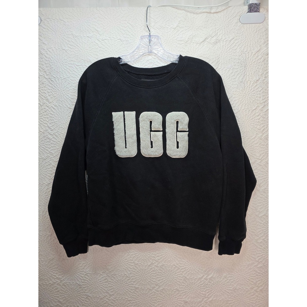 UGG Sweatshirt Women Medium Black Excellent Faux Fur Logo Pullover 1123718